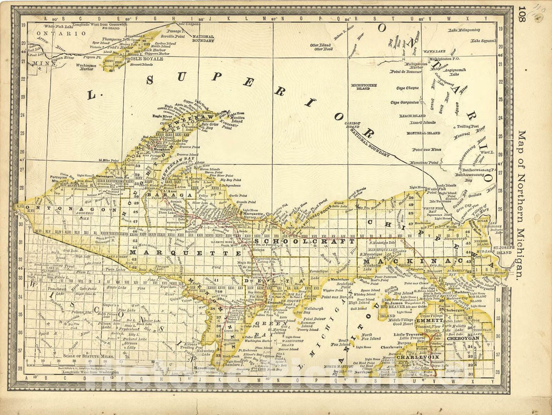 Historic 1881 Map - Historical Hand-Atlas, Illustrated - Map of Northern Michigan - Historical Hand Atlas, Illustrated, General & Local