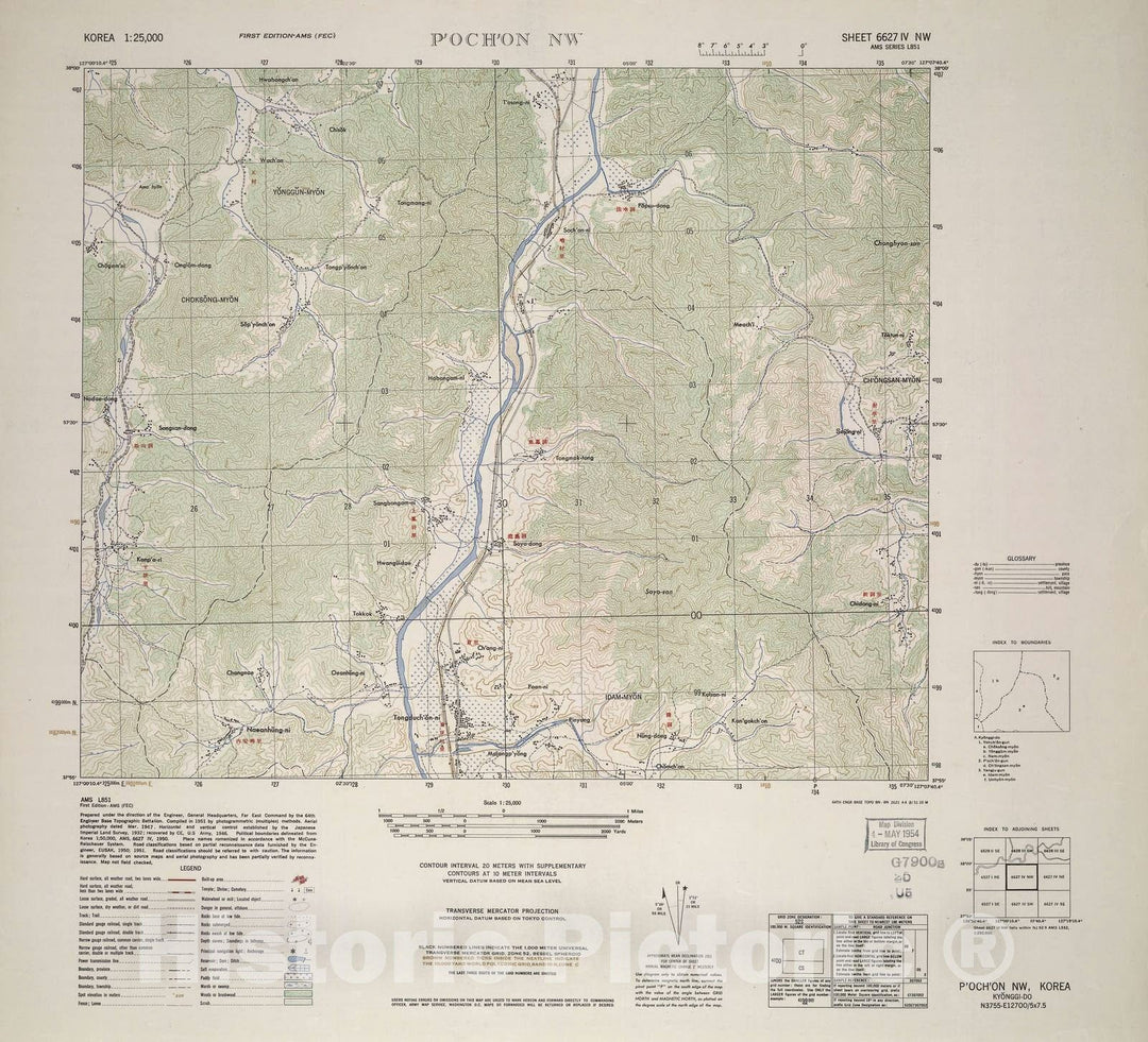 Historic 1952 Map - Korea 1:25,000 - P'och'on NW - Series L851