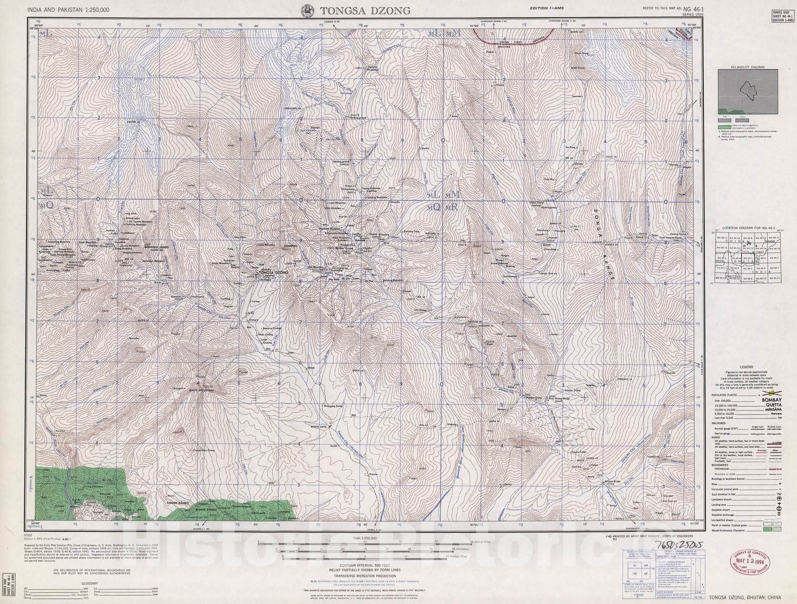 Historic 1955 Map - India and Pakistan 1:250,000. - Tongsa Dzong,Bhutan, China, 1960