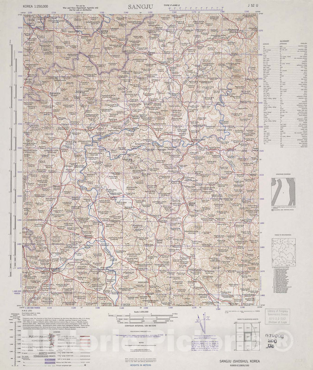 Historic 1944 Map - Korea 1:250,000 - Sangju - Series L551