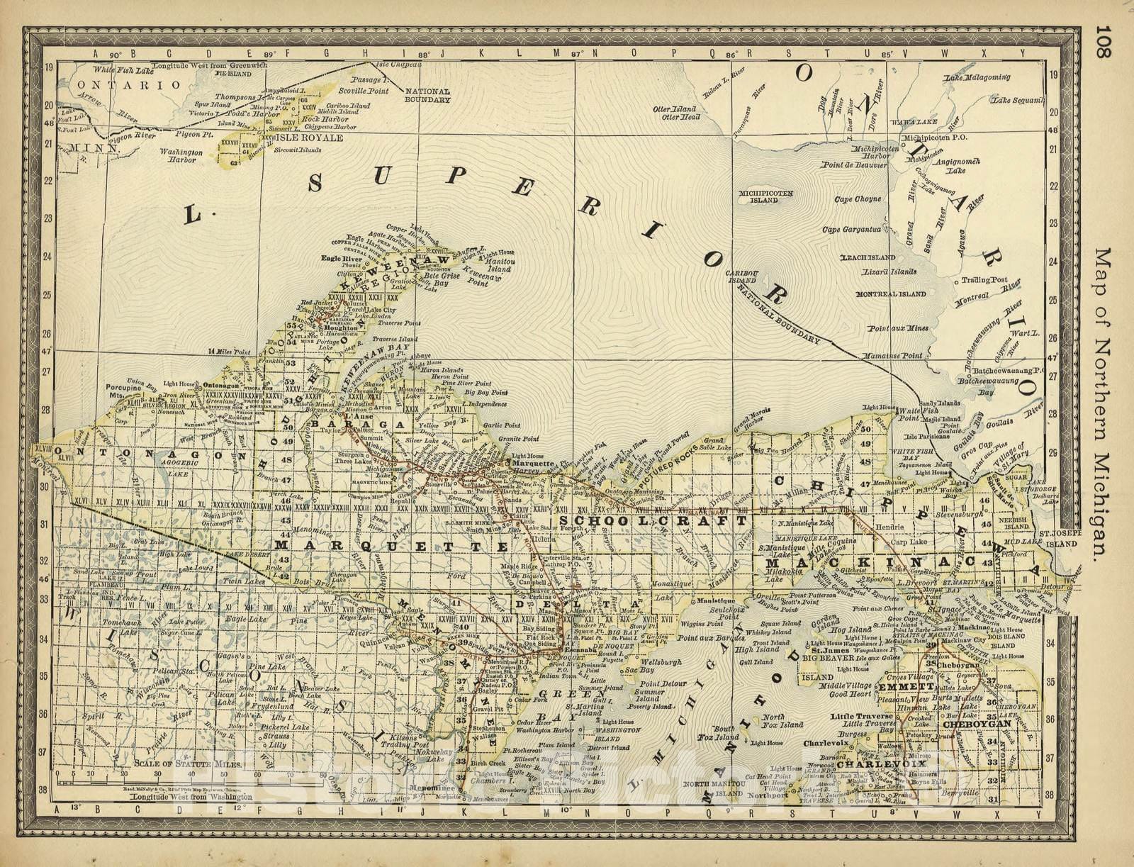 Historic 1882 Map - Historical Hand-Atlas, Illustrated - Map of Northern Michigan - Historical Hand Atlas, Illustrated, General & Local