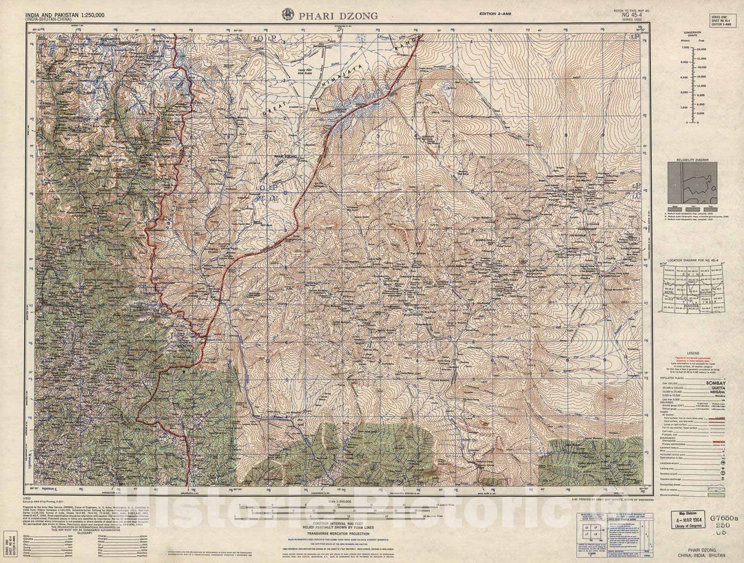 Historic 1955 Map - India and Pakistan 1:250,000. - Phari Dzong, China, India, Bhutan 1961