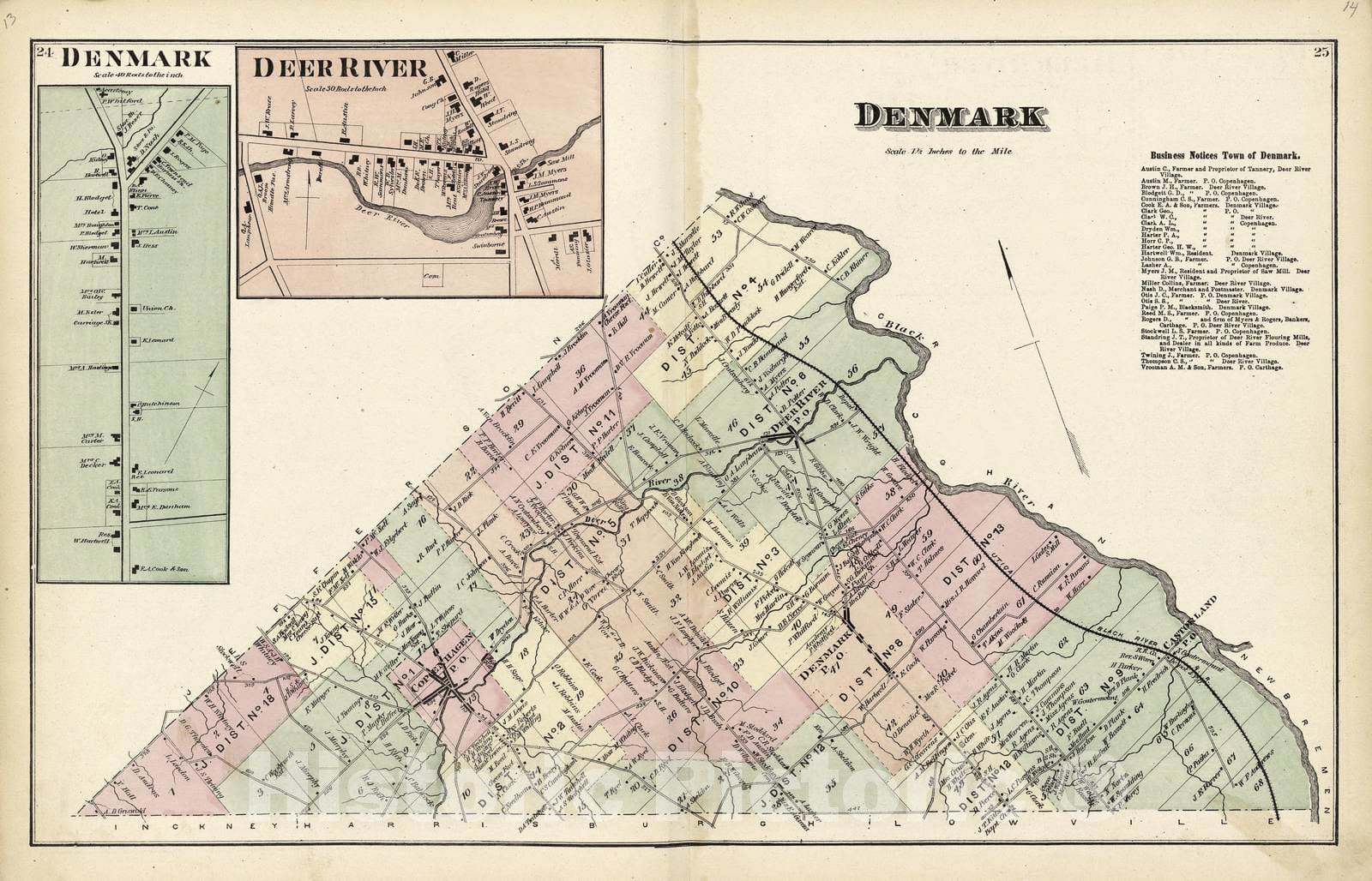 Historic 1875 Map - Atlas of Lewis Co, New York - Denmark; Deer River - Atlas of Lewis County, New York