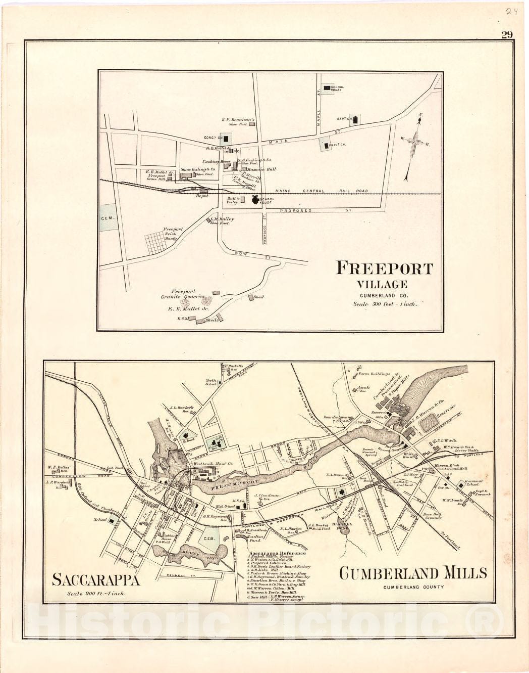 Historic 1887 Map - Colby's Atlas of The State of Maine - Freeport Village; Saccarappa; Cumberland Mills