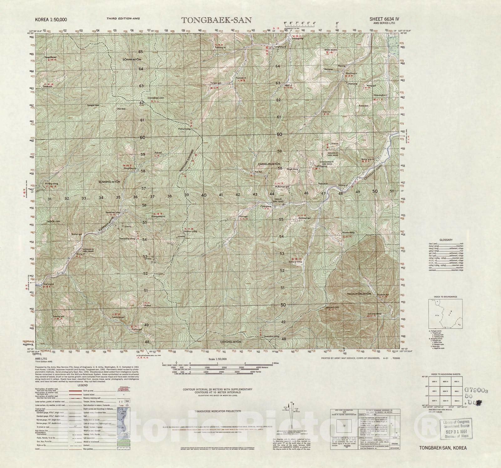 Historic 1945 Map - Korea 1:50,000 - Tongbaek-San, 1951 - Series L751