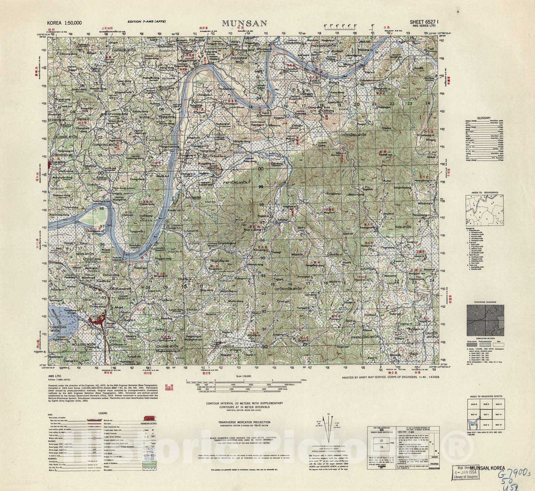 Historic 1945 Map - Korea 1:50,000 - Munsan, 1953 - Series L751