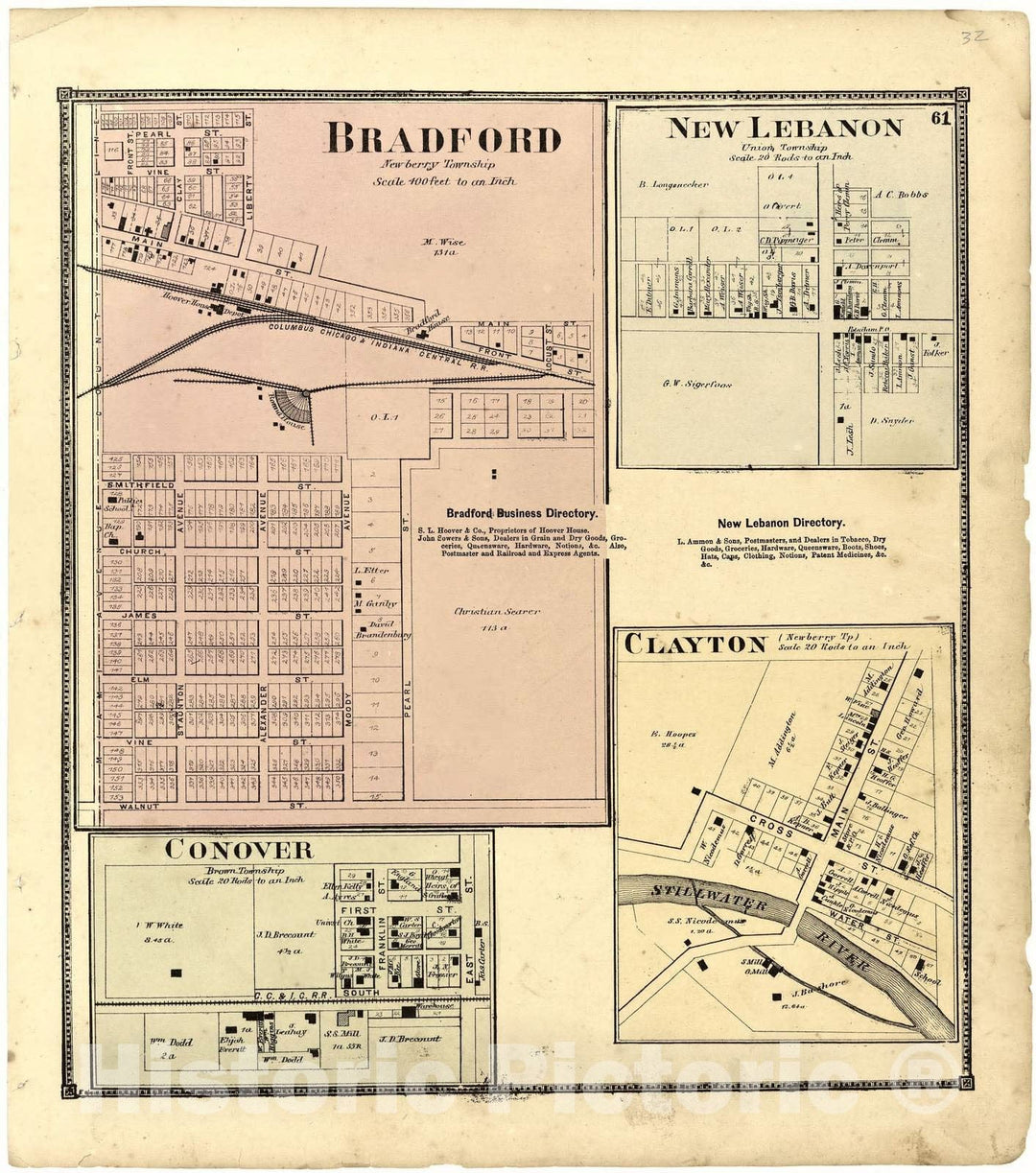 Historic 1871 Map - Atlas of Miami Co, Ohio - Bradford; New Lebanon; Conover; Clayton - Atlas of Miami County, Ohio