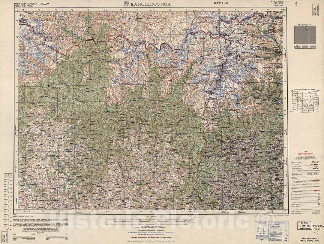 Historic 1955 Map - India and Pakistan 1:250,000. - Kanchenjunga, Nepal, India, China 1959