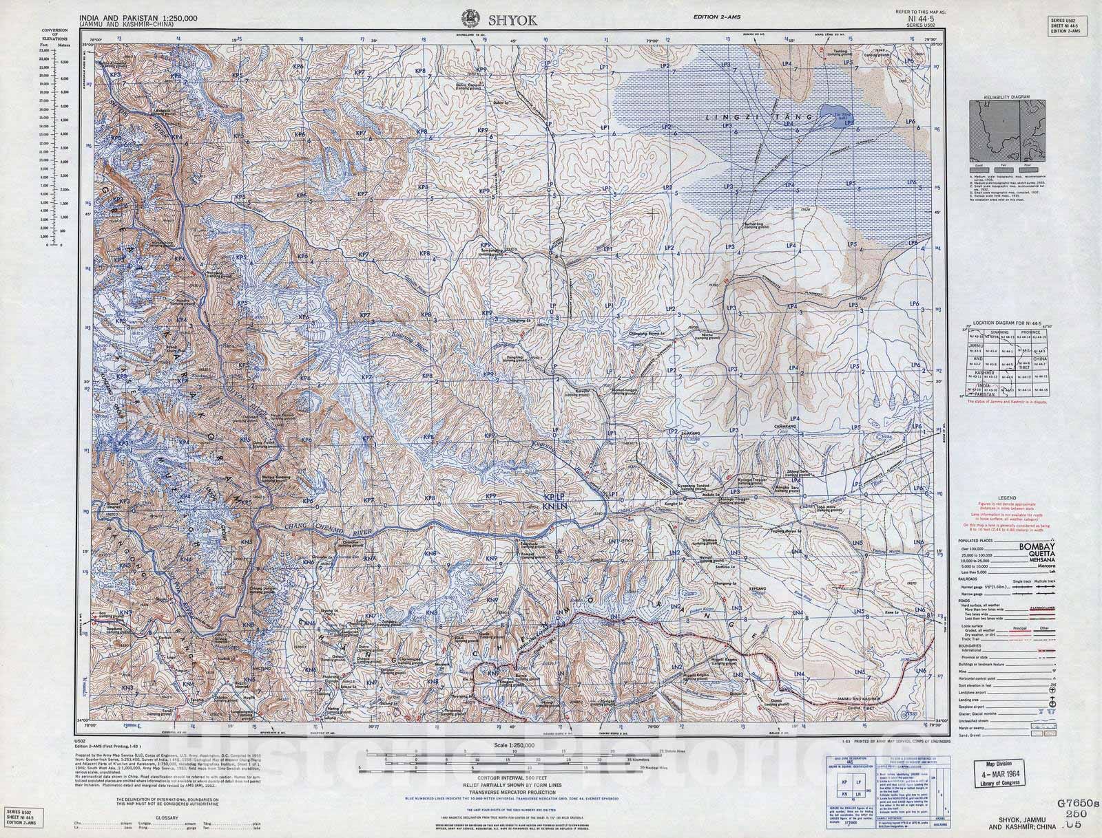 Historic 1955 Map - India and Pakistan 1:250,000. - Shyok, Jammu and Kashmir, China 1960