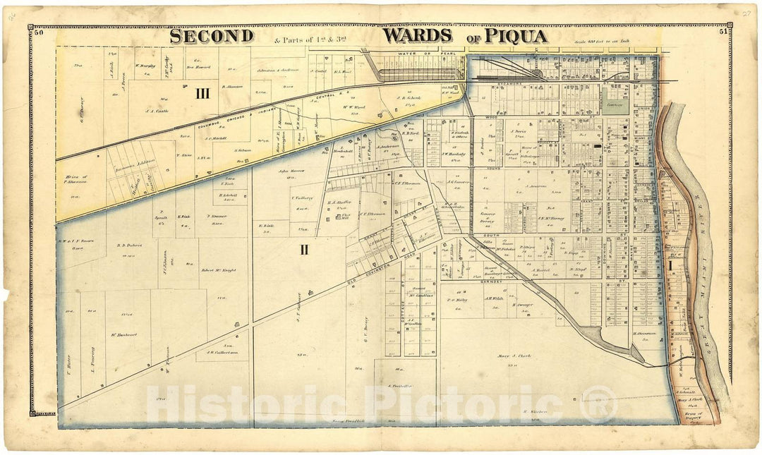 Historic 1871 Map - Atlas of Miami Co, Ohio - Second & Parts of 1st & 3rd Wards of Piqua - Atlas of Miami County, Ohio