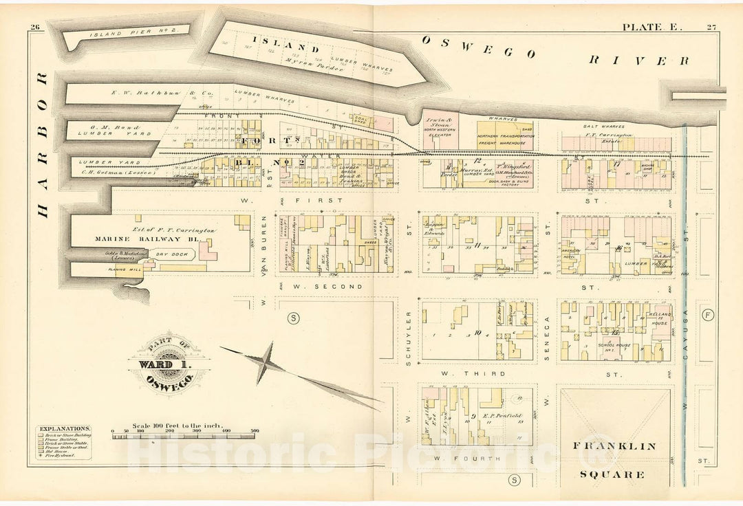 Historic 1880 Map - City Atlas of Oswego, New York - Part of Ward 1. Oswego. Plate E. - Atlas of The City of Oswego N.Y.