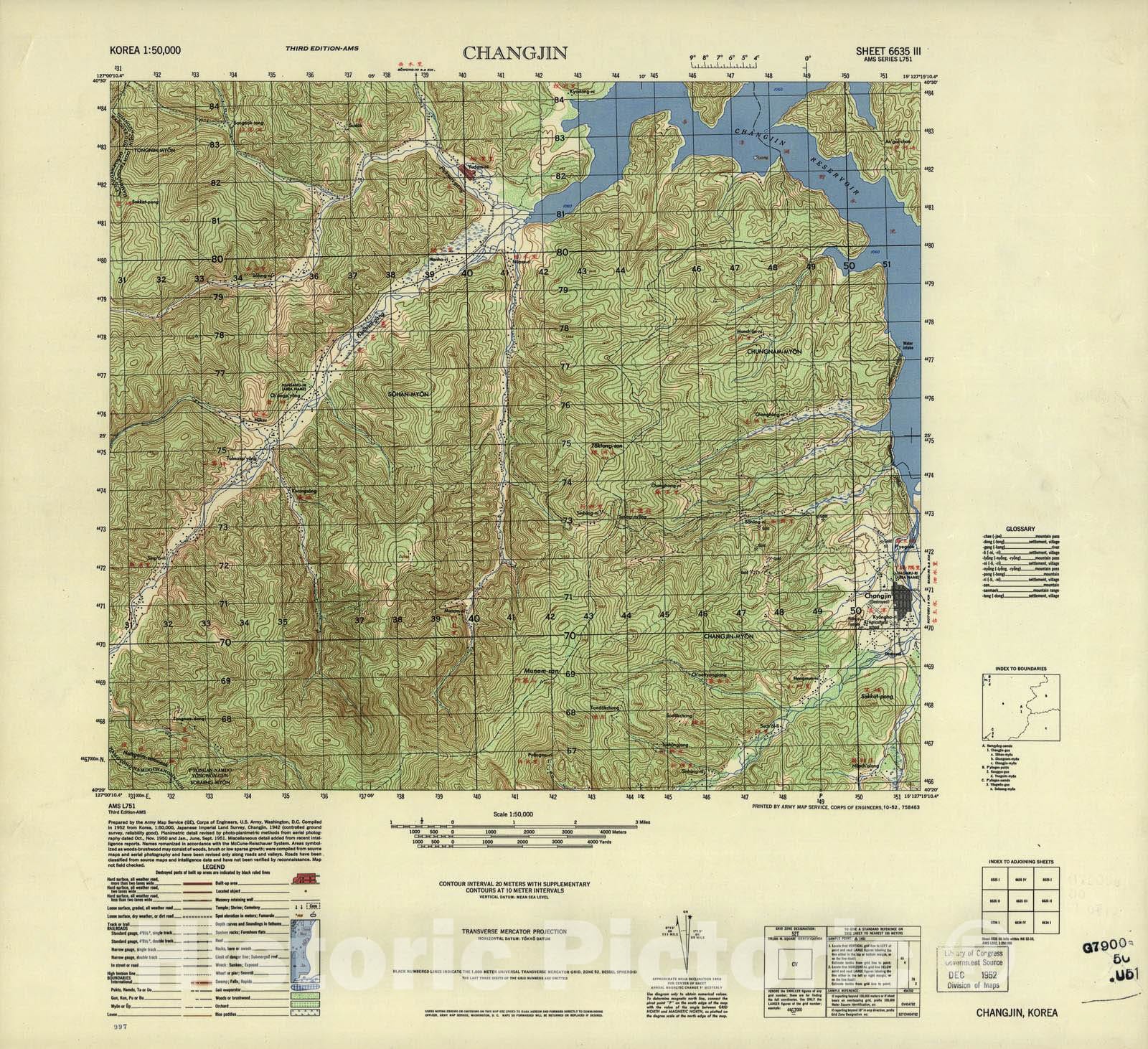 Historic 1945 Map - Korea 1:50,000 - Changjin, 1952 - Series L751