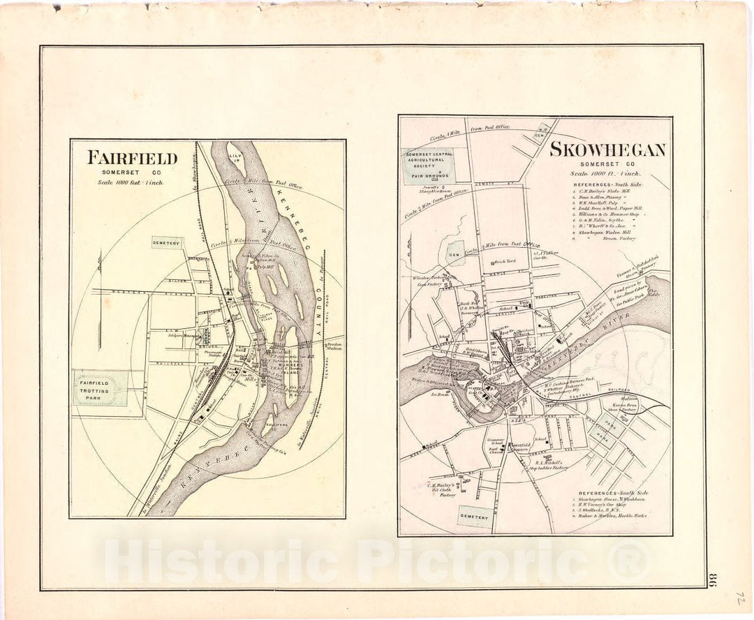 Historic 1887 Map - Colby's Atlas of The State of Maine - Fairfield; Skowhegan