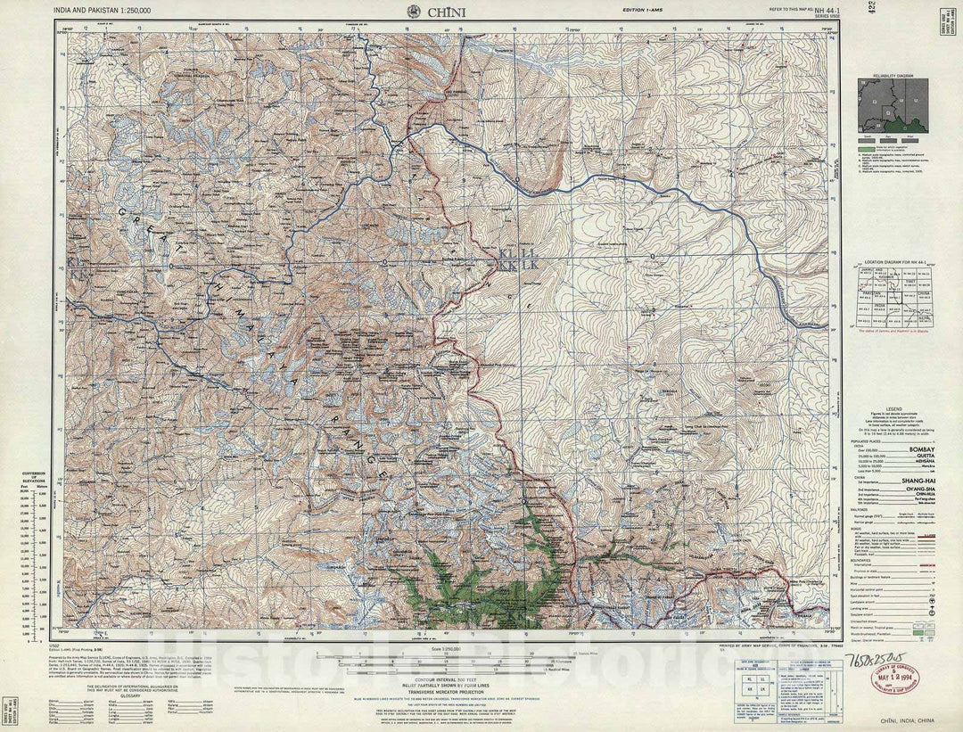 Historic 1955 Map - India and Pakistan 1:250,000. - Chini, India, China 1958