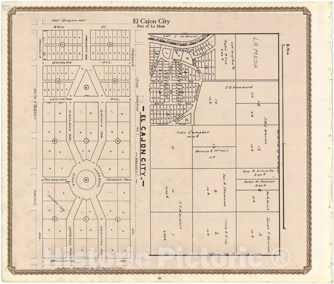 Historic 1912 Map - Plat Book of San Diego County, California - El Cajon City, Part of La Mesa