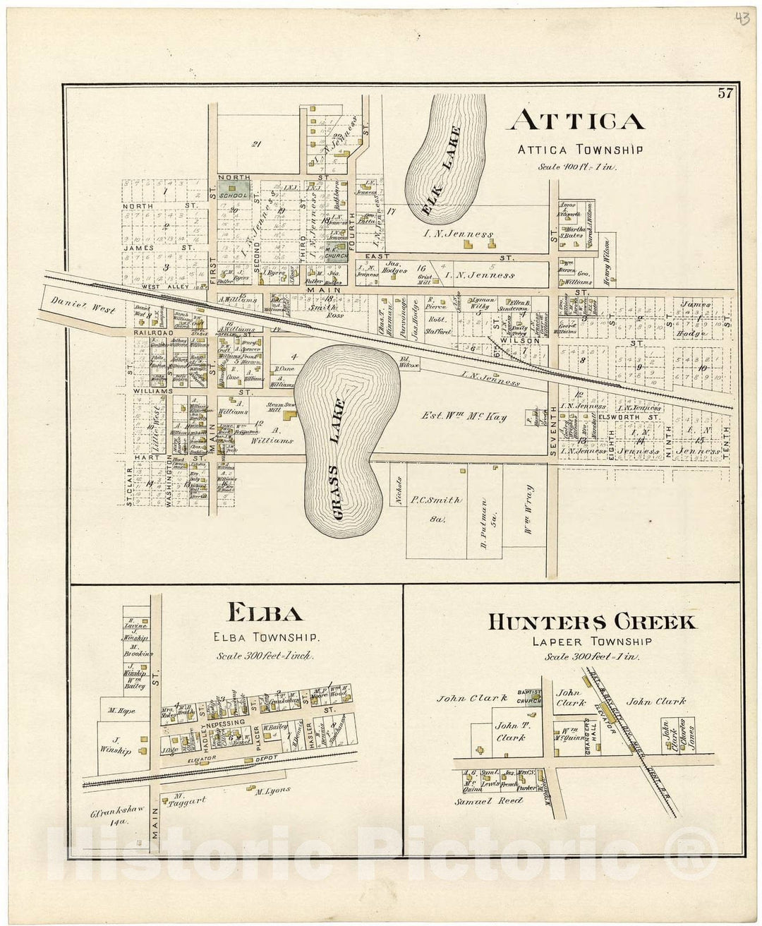 Historic 1893 Map - Atlas and Directory of Lapeer County, Michigan - Attica; Elba; Hunters Creek