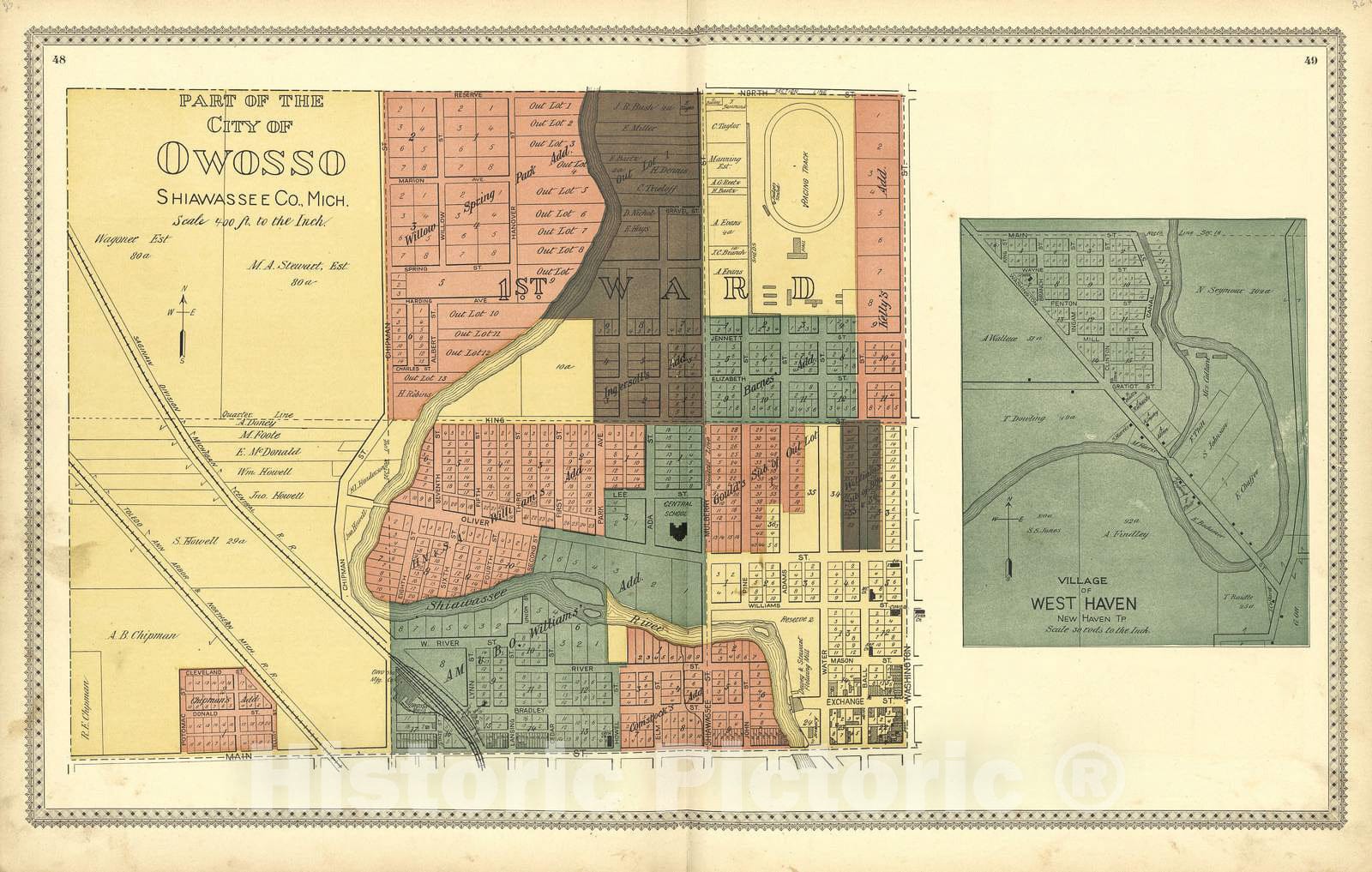 Historic 1895 Map - Illustrated Atlas of Shiawassee County, Michigan - Part of The City of Owosso; Mungerville; Outline Plan of Corunna City