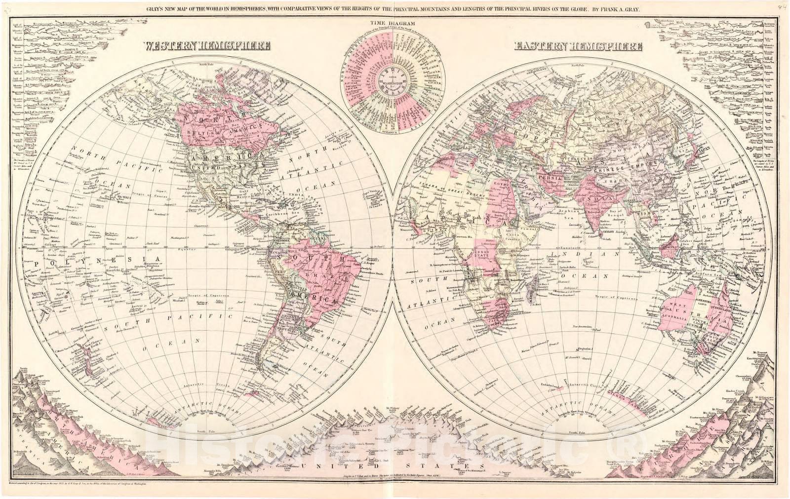 Historic 1887 Map - Colby's Atlas of The State of Maine - Gray's New Map of The World in Hemispheres