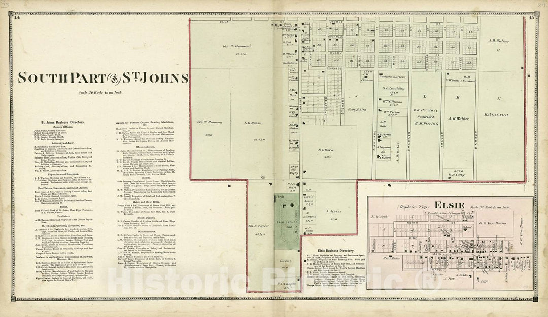 Historic 1873 Map - Atlas of Clinton County, Michigan - South Part of St. Johns