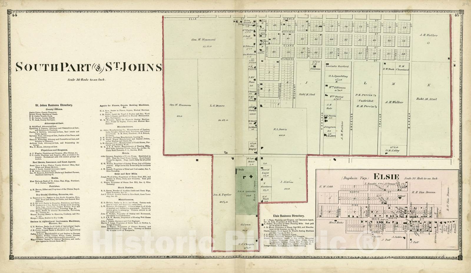 Historic 1873 Map - Atlas of Clinton County, Michigan - South Part of St. Johns