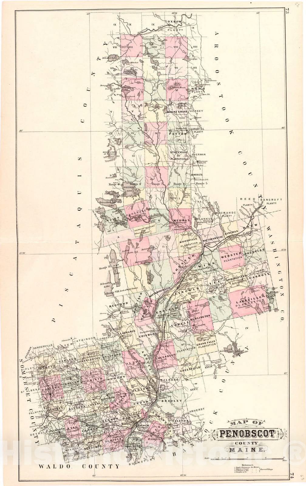 Historic 1887 Map - Colby's Atlas of The State of Maine - Map of Penobscot County Maine