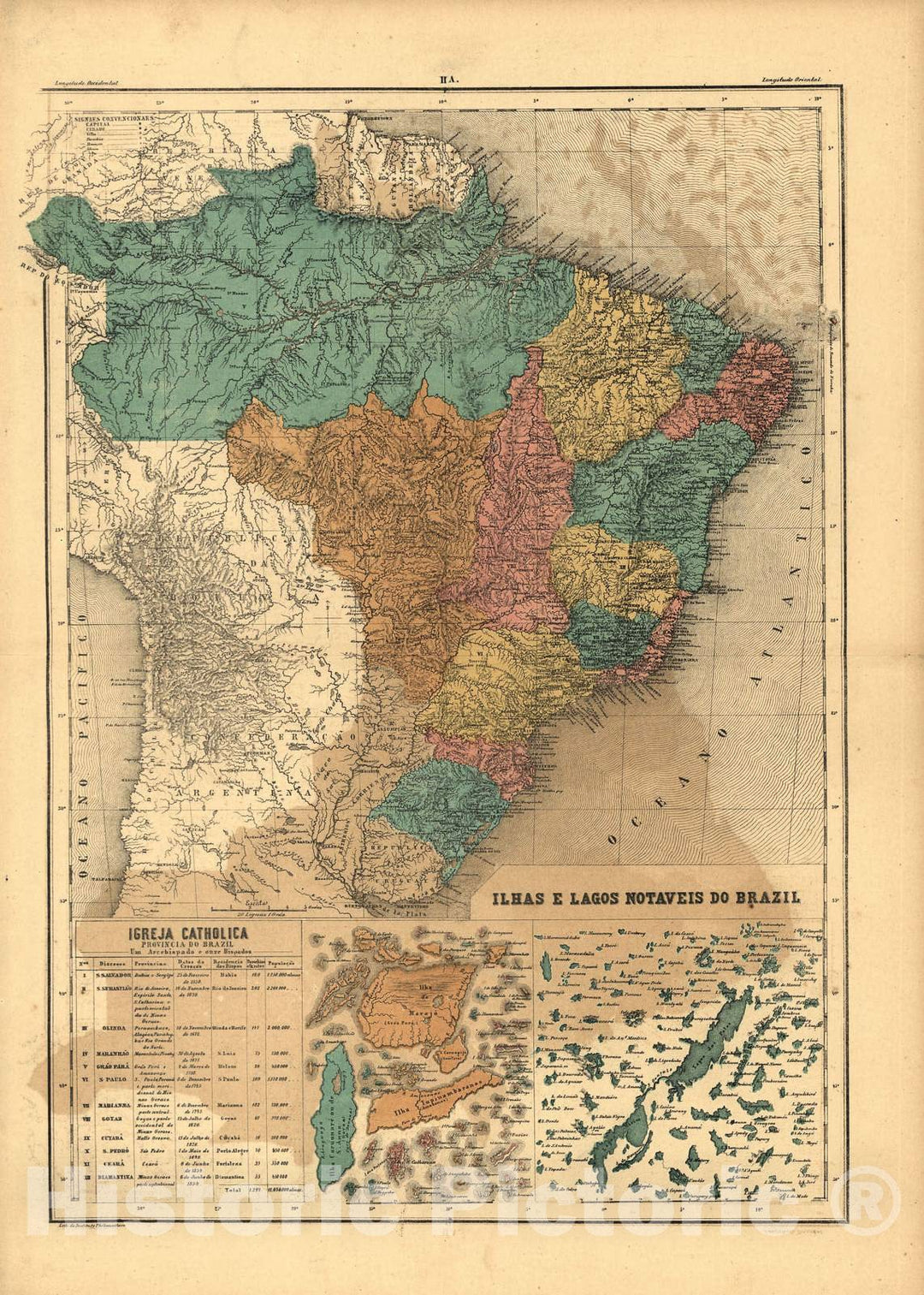 Historic 1868 Map - Atlas do Imperio do Brazil - Ilhas e Lagos notaveis do Brazil