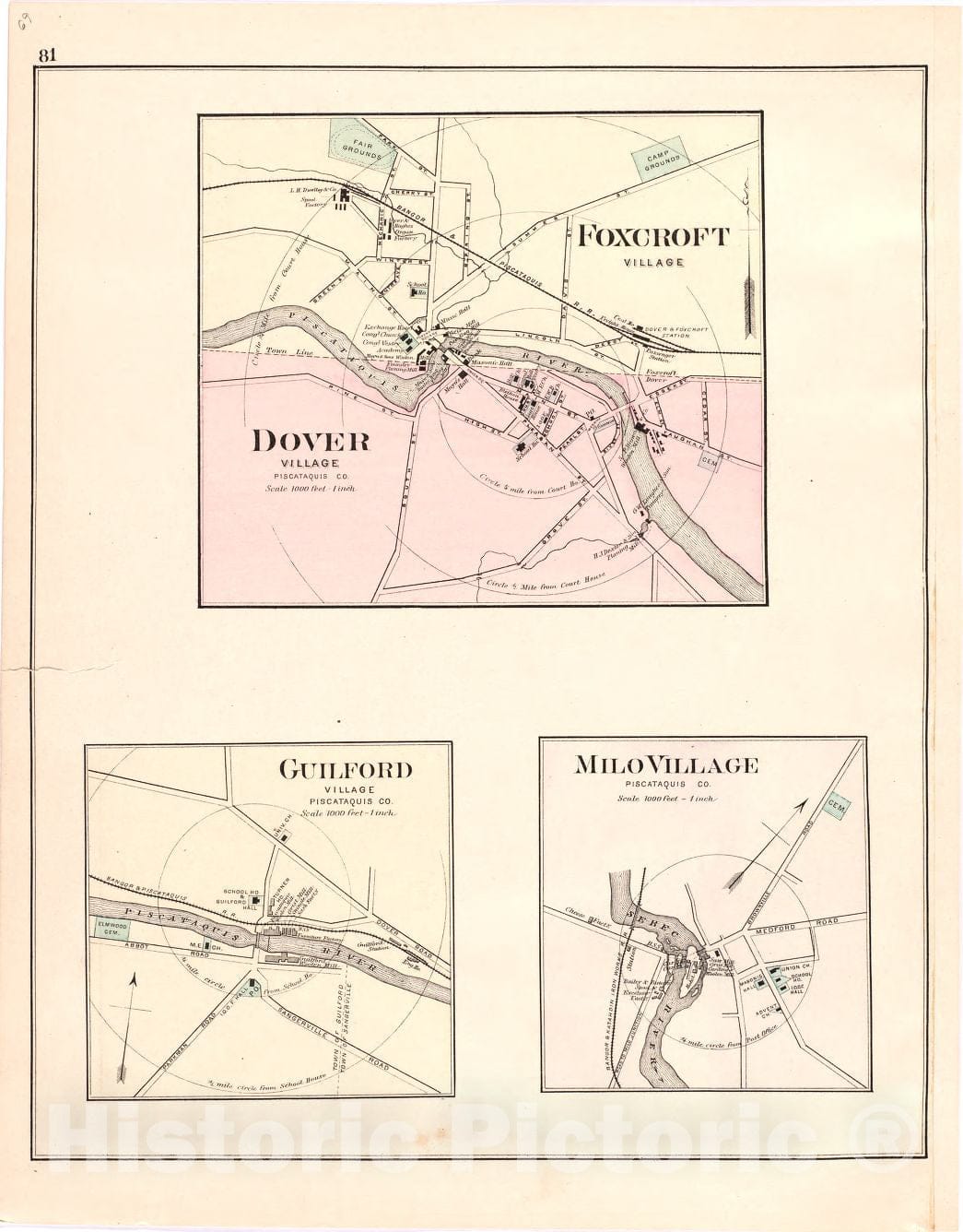 Historic 1887 Map - Colby's Atlas of The State of Maine - Dover Village; Foxcroft Village; Guilford Village; Milo Village