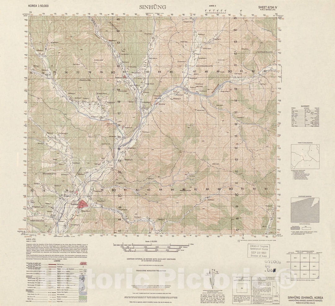 Historic 1945 Map - Korea 1:50,000 - Sinhung, 1950 - Series L751