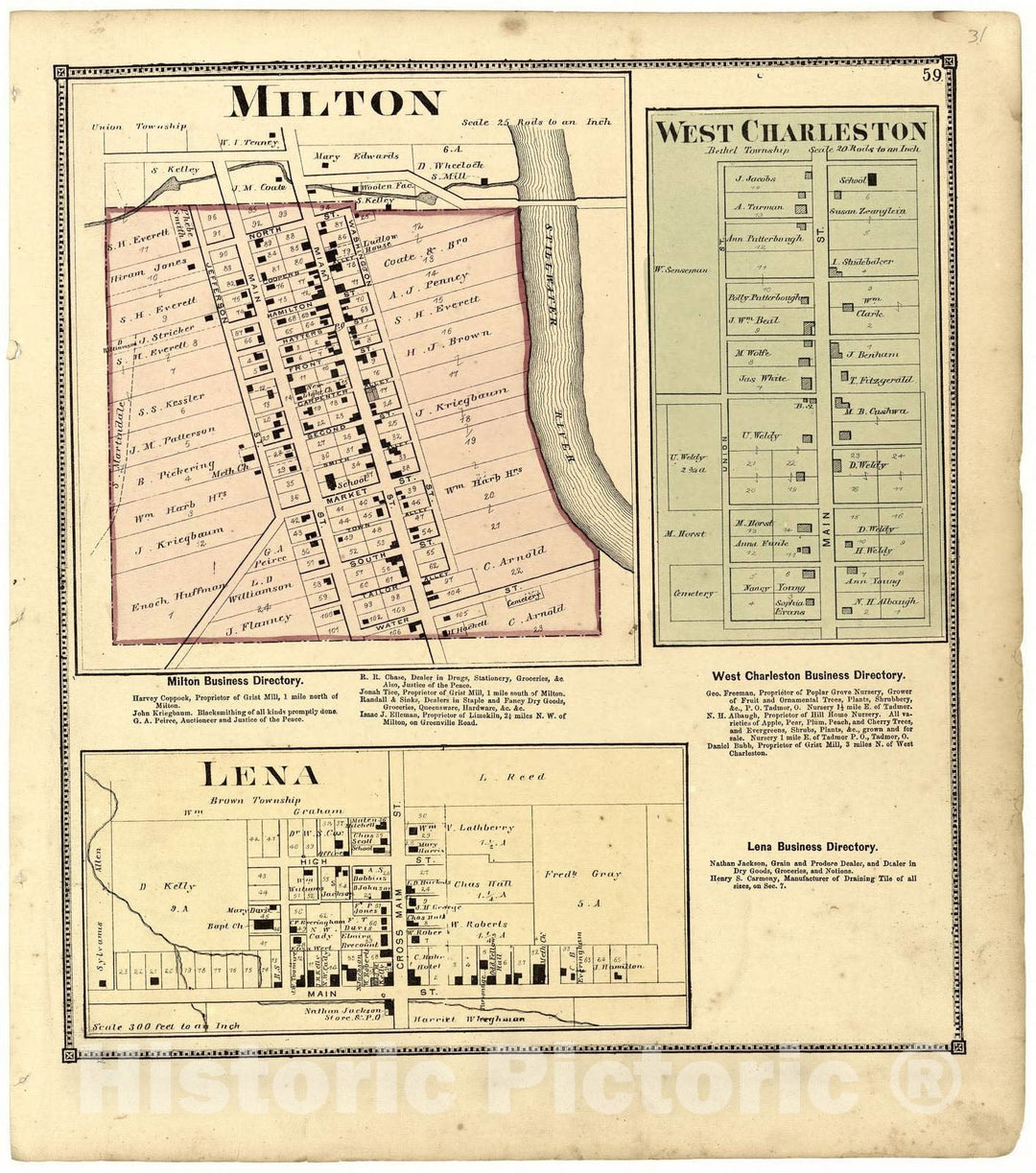 Historic 1871 Map - Atlas of Miami Co, Ohio - Milton; West Charleston; Lena - Atlas of Miami County, Ohio