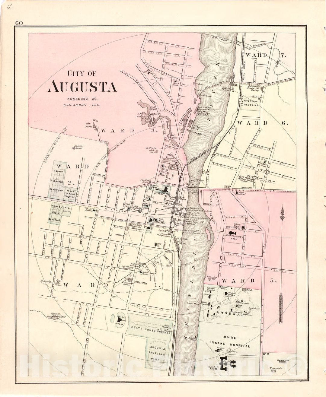 Historic 1887 Map - Colby's Atlas of The State of Maine - City of Augusta