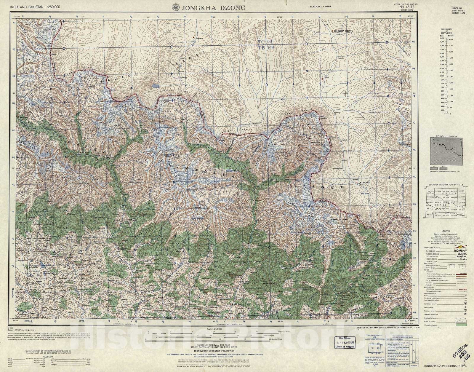 Historic 1955 Map - India and Pakistan 1:250,000. - Jonkha Dzong, China, Nepal 1959