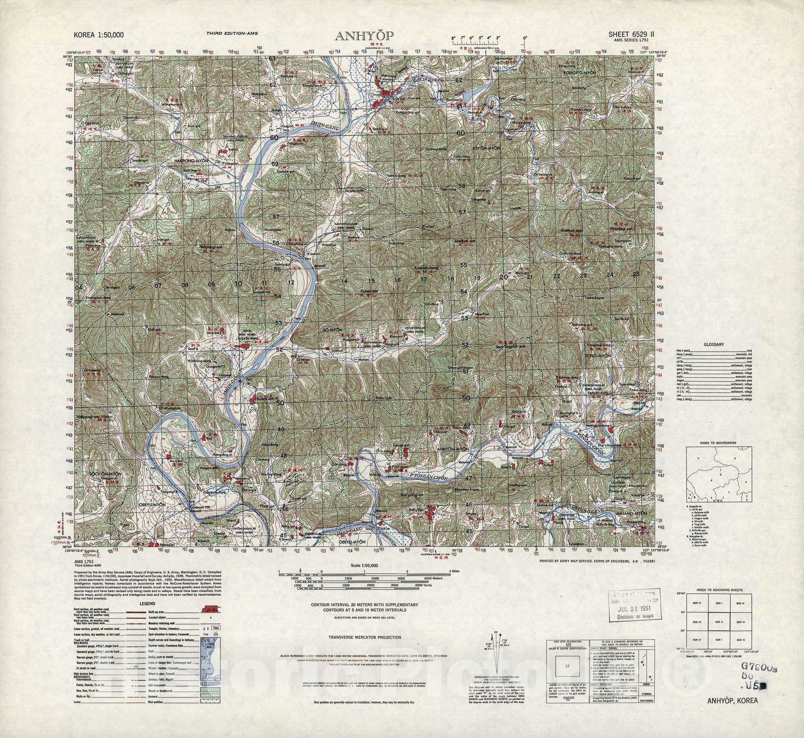 Historic 1945 Map - Korea 1:50,000 - Anhyop, 1951 - Series L751