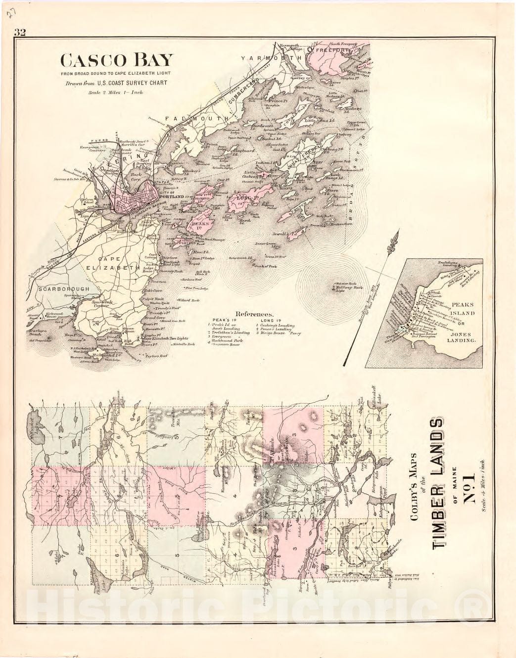 Historic 1887 Map - Colby's Atlas of The State of Maine - Casco Bay; Colby's Maps of The Timber Lands of Maine No. 1