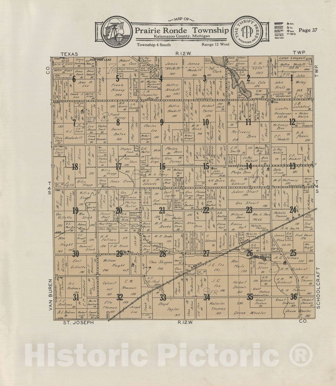 Historic 1928 Map - Plat Book of Kalamazoo County, Michigan - Map of Prairie Ronde Township - Atlas and plat Book, Kalamazoo County, Michigan