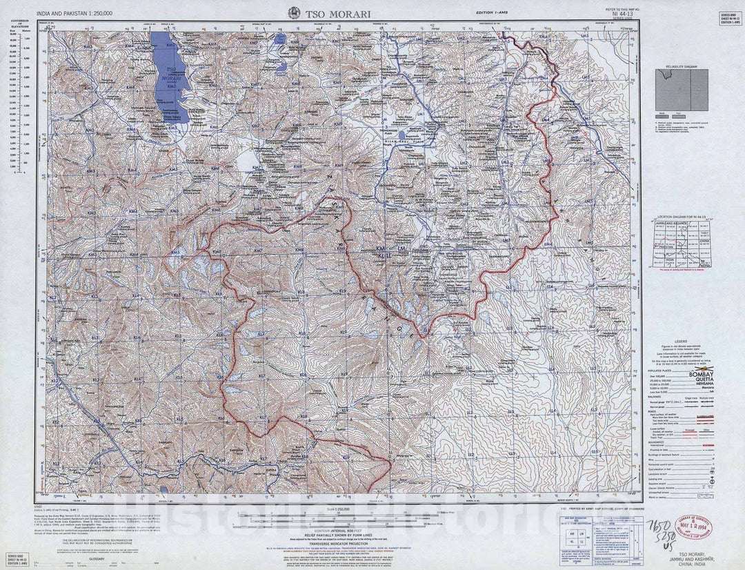 Historic 1955 Map - India and Pakistan 1:250,000. - Tso Morari, Jammu and Kashmir,China, India 1960