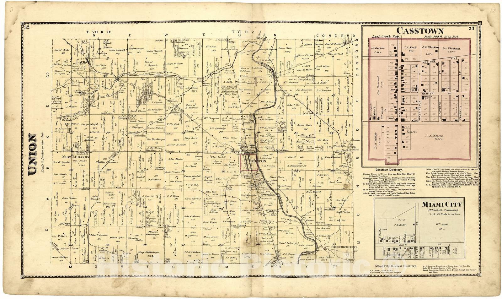 Historic 1871 Map - Atlas of Miami Co, Ohio - Union; Casstown; Miami City - Atlas of Miami County, Ohio