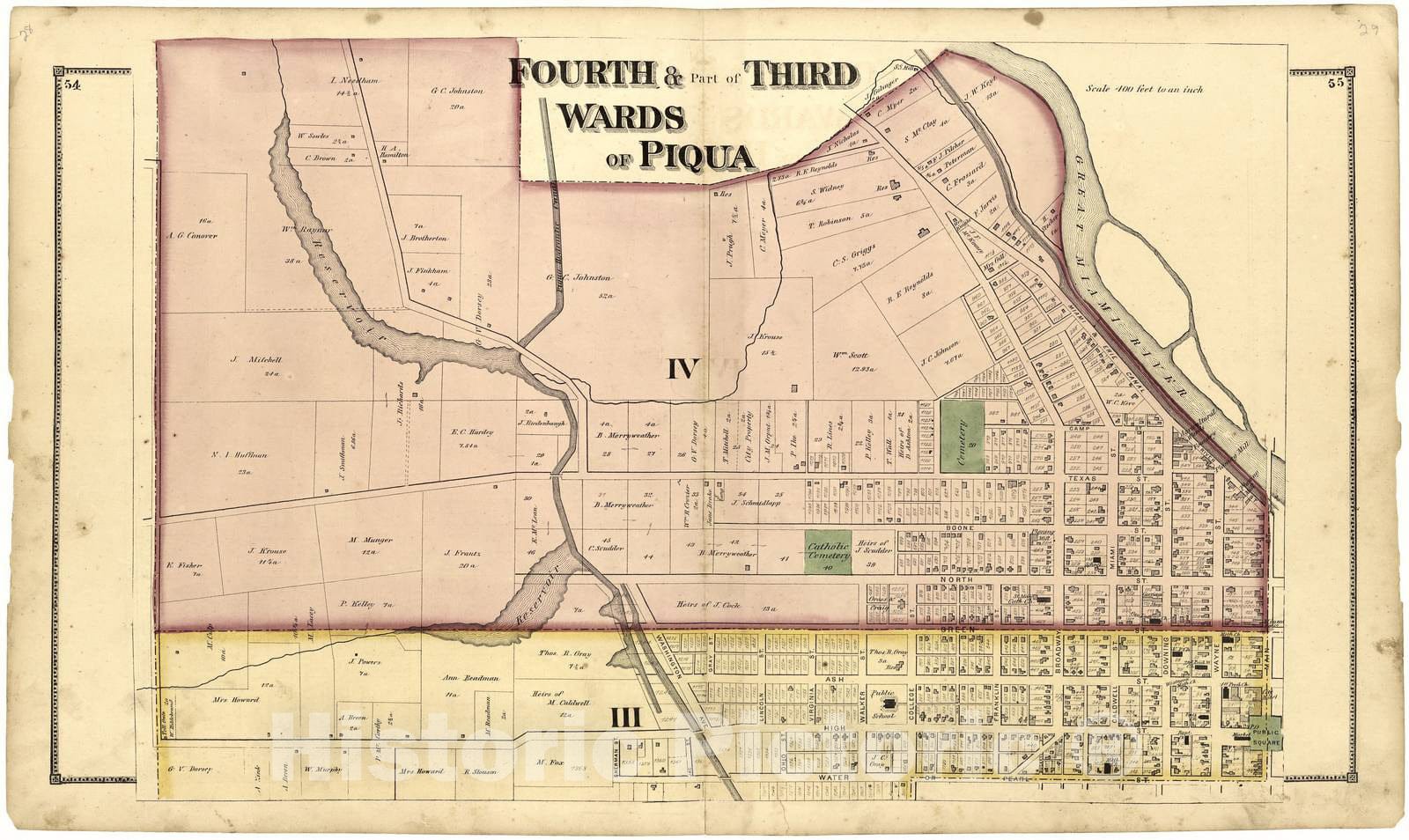 Historic 1871 Map - Atlas of Miami Co, Ohio - Fourth & Part of Third Wards of Piqua - Atlas of Miami County, Ohio