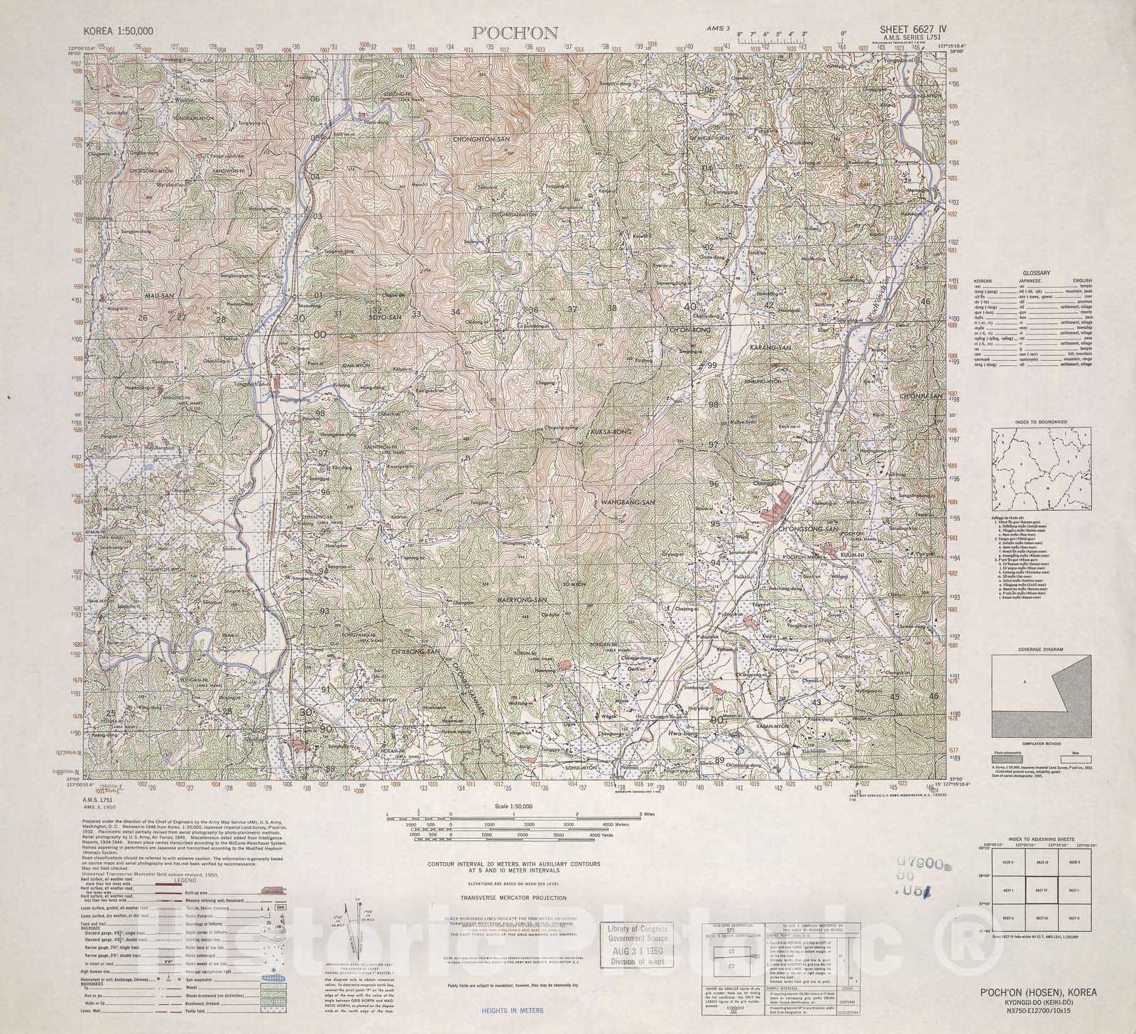 Historic 1945 Map - Korea 1:50,000 - Poch'on, 1950 - Series L751