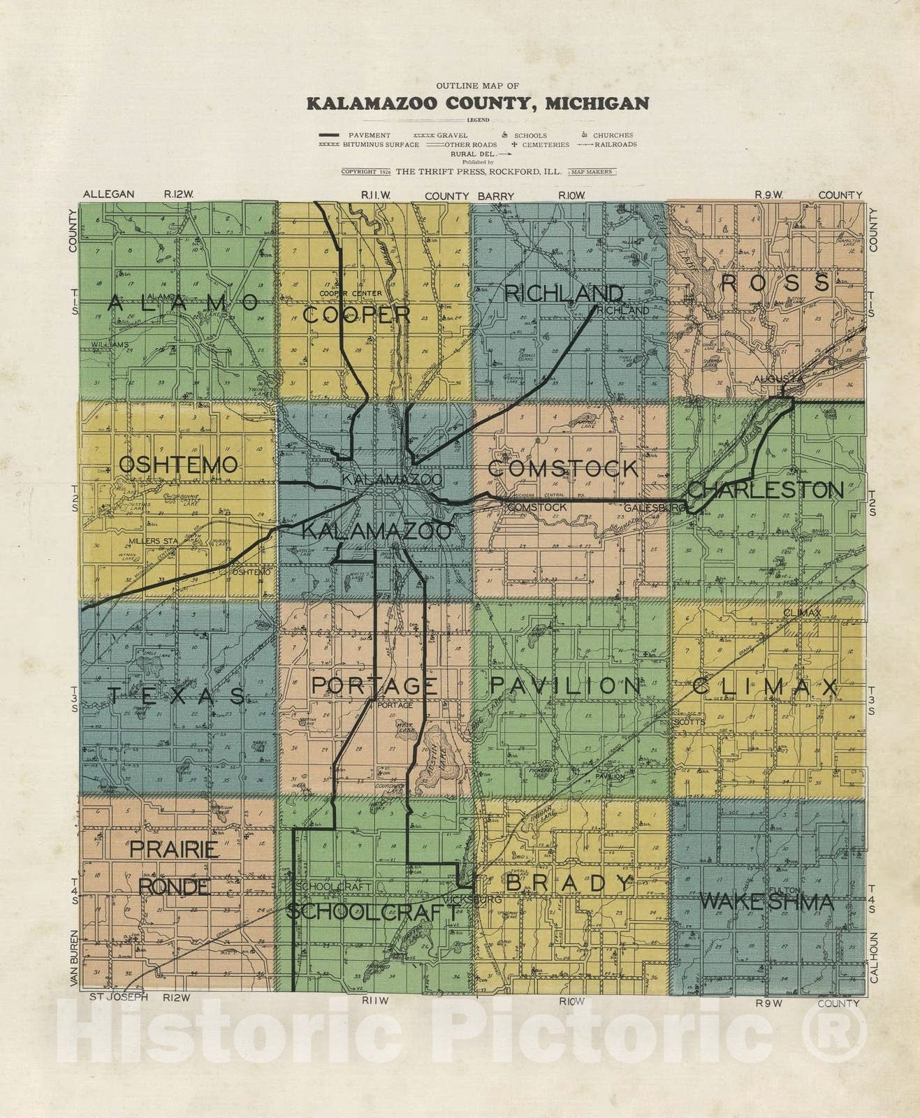 Historic 1928 Map - Plat Book of Kalamazoo County, Michigan - Outline map of Kalamazoo County, Michigan - Atlas and plat Book, Kalamazoo County, Michigan