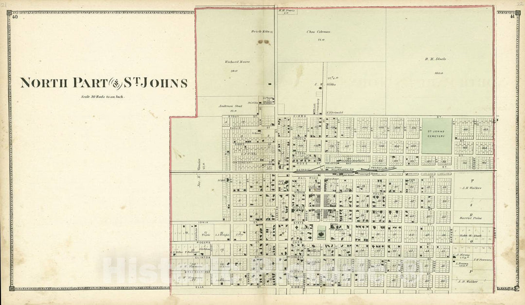 Historic 1873 Map - Atlas of Clinton County, Michigan - North Part of St. Johns