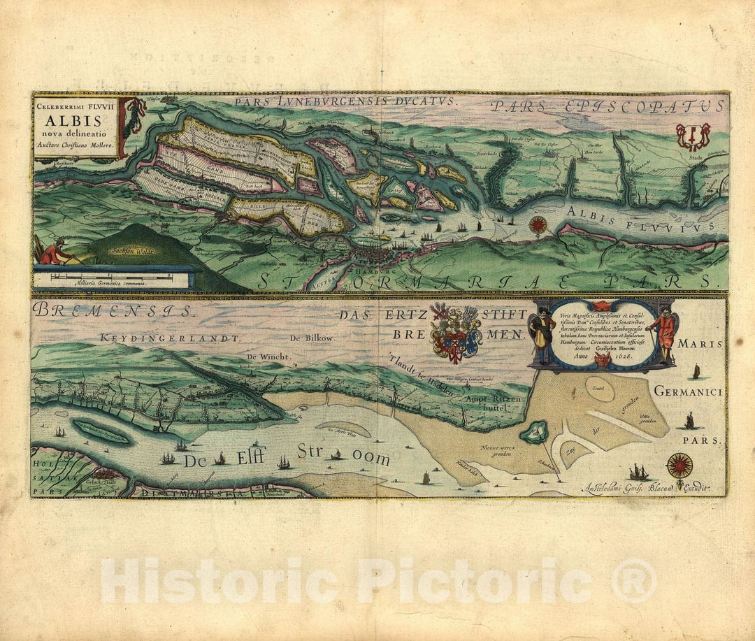 Historic 1647 Map - Le Theatre du Monde, ou, Novvel Atlas - Elbe River with Provinces and Isles Around Hamburg, Germany - Novvel Atlas