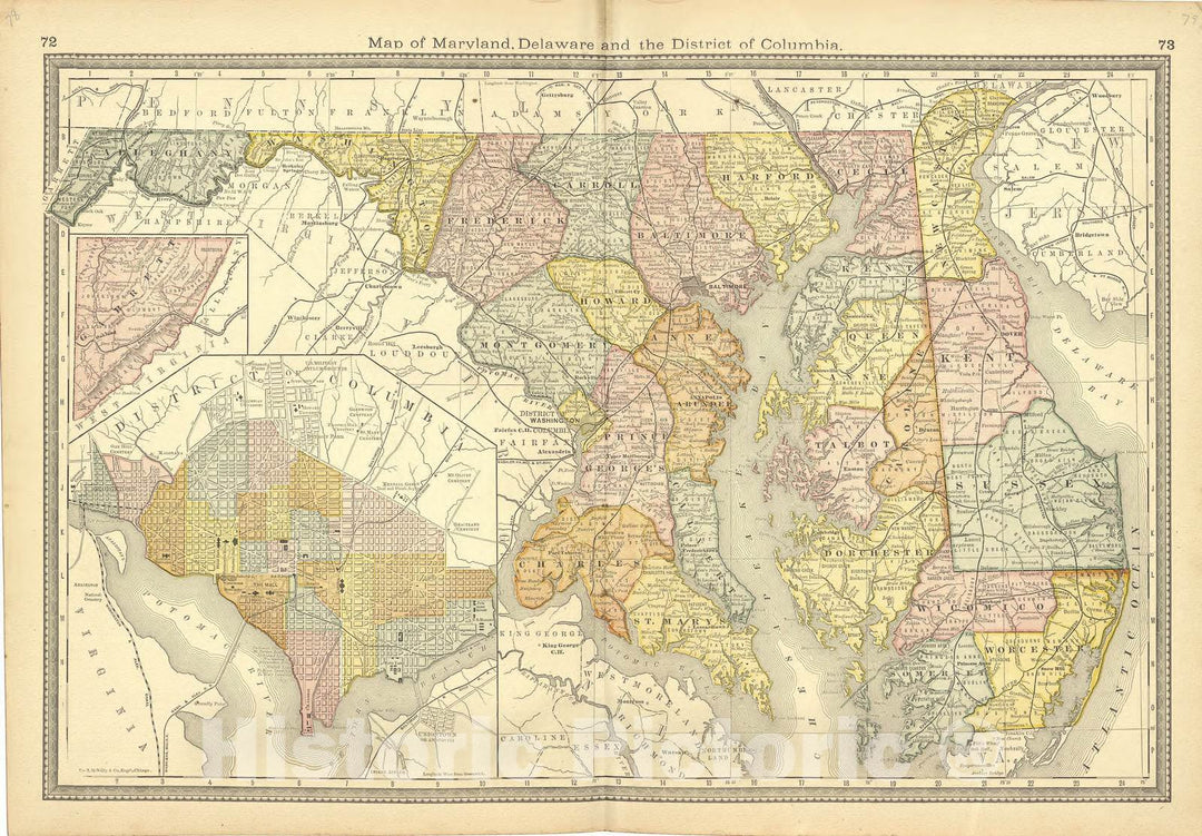 Historic 1881 Map - Historical Hand-Atlas, Illustrated - Map of Marlyland, Delaware and The District of Columbia - Historical Hand Atlas, Illustrated, General & Local