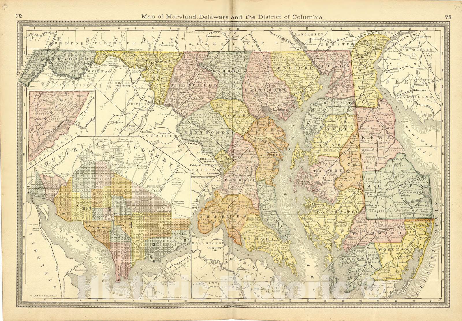 Historic 1881 Map - Historical Hand-Atlas, Illustrated - Map of Marlyland, Delaware and The District of Columbia - Historical Hand Atlas, Illustrated, General & Local