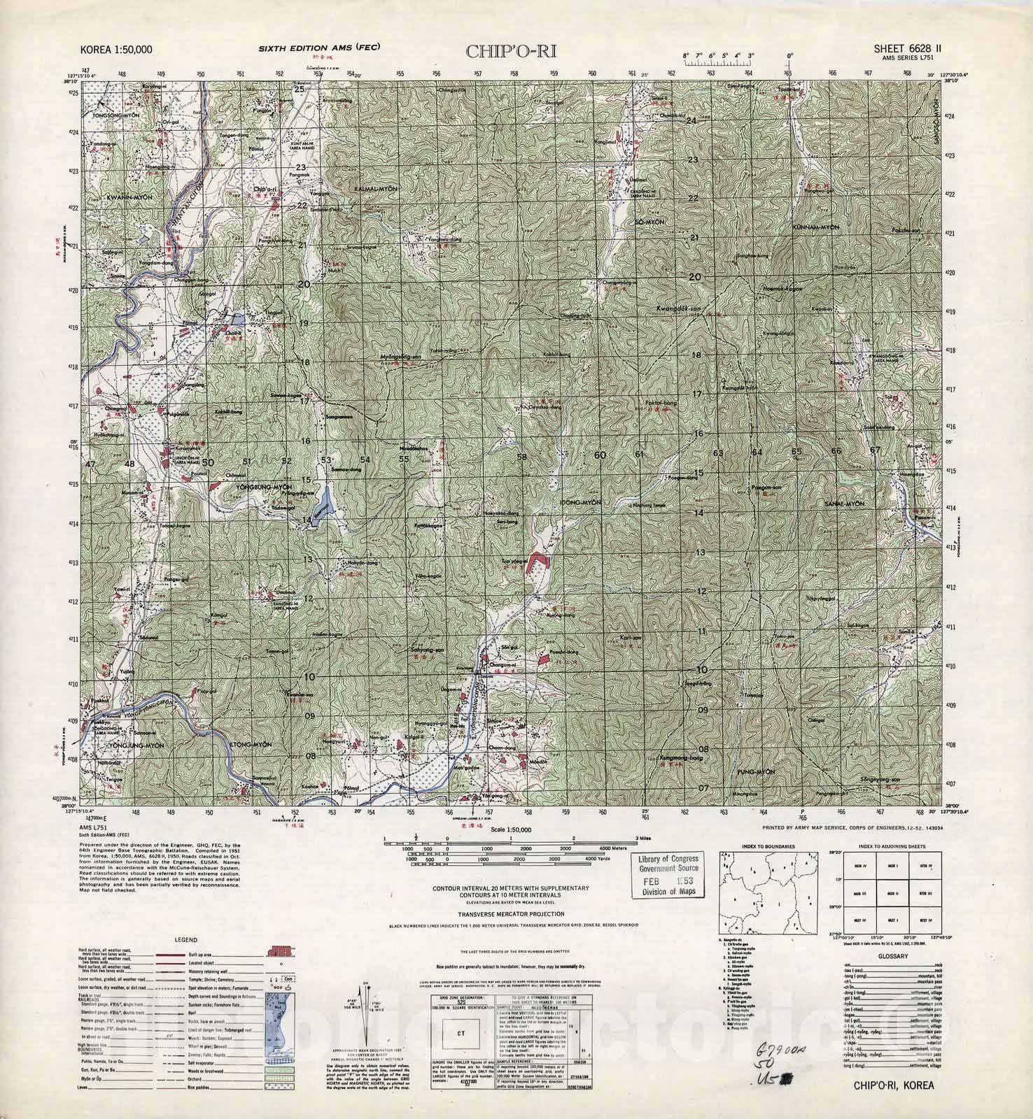 Historic 1945 Map - Korea 1:50,000 - Chip'o-Ri, 1952 - Series L751