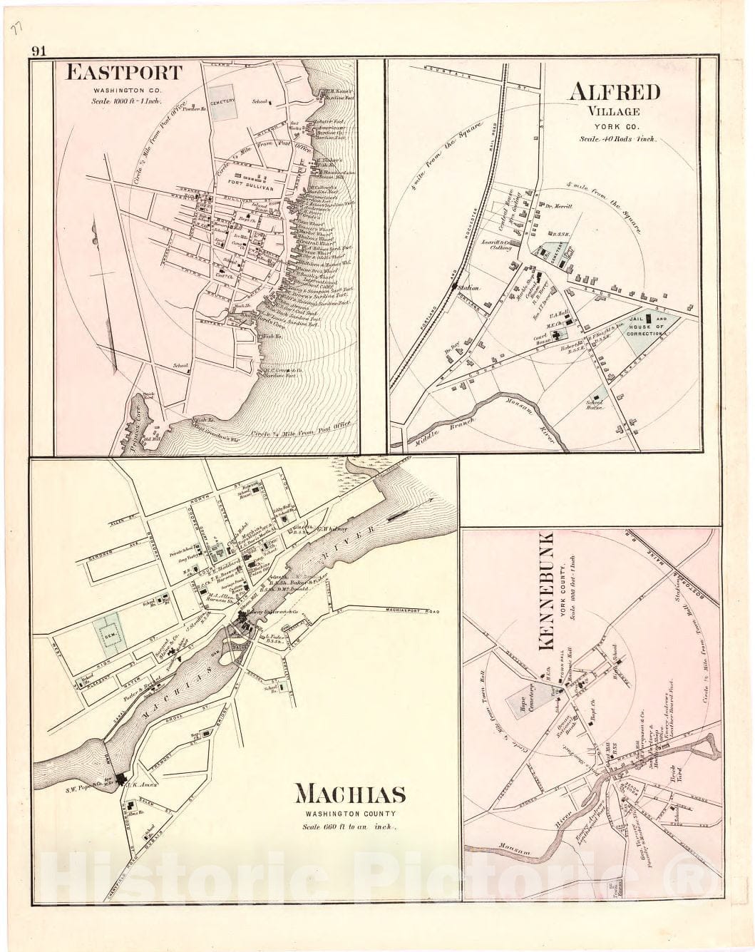 Historic 1887 Map - Colby's Atlas of The State of Maine - Eastport; Alfred Village; Machias; Kennebunk