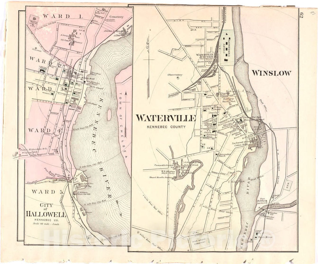 Historic 1887 Map - Colby's Atlas of The State of Maine - City of Hallowell; Waterville