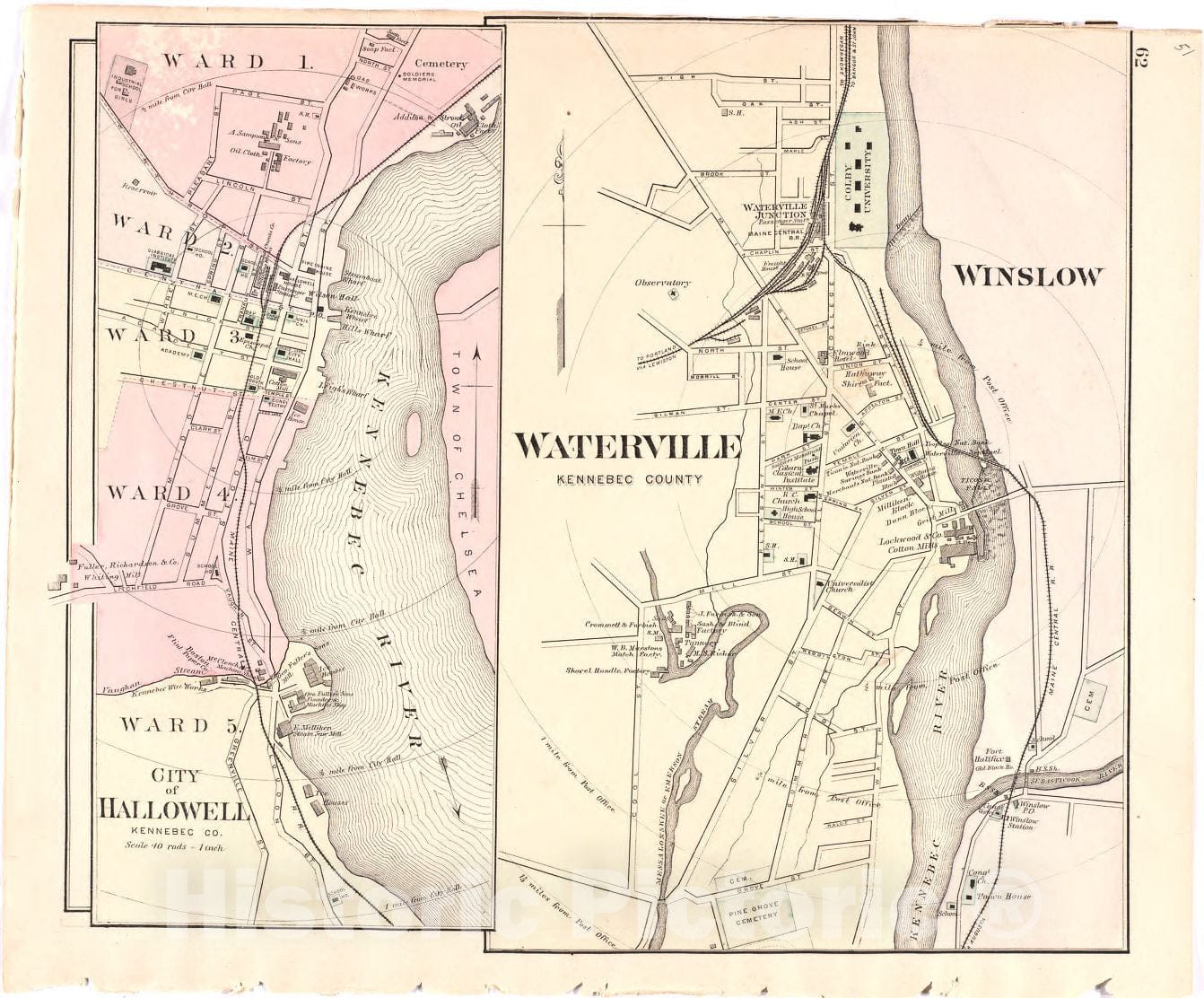 Historic 1887 Map - Colby's Atlas of The State of Maine - City of Hallowell; Waterville