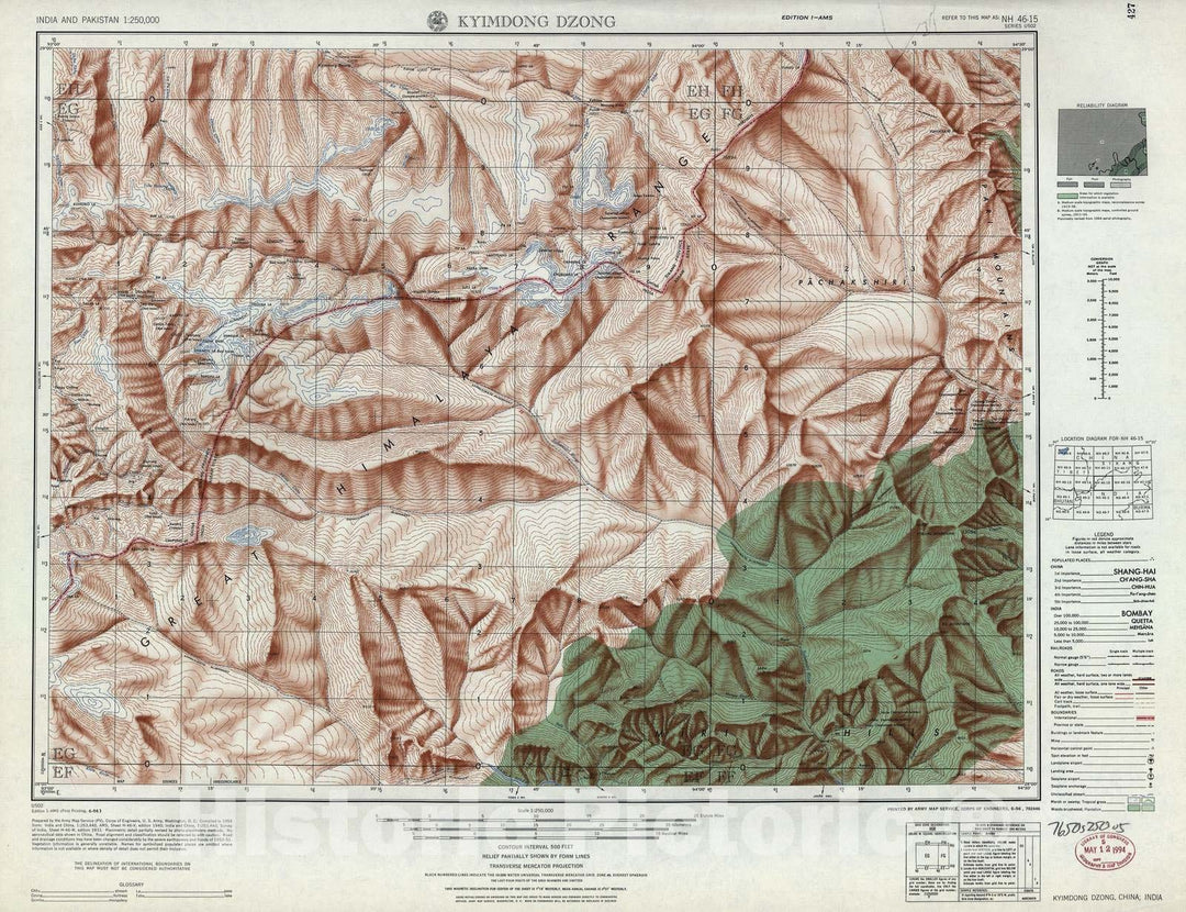 Historic 1955 Map - India and Pakistan 1:250,000. - Kyimdong Dzong, China, India 1956