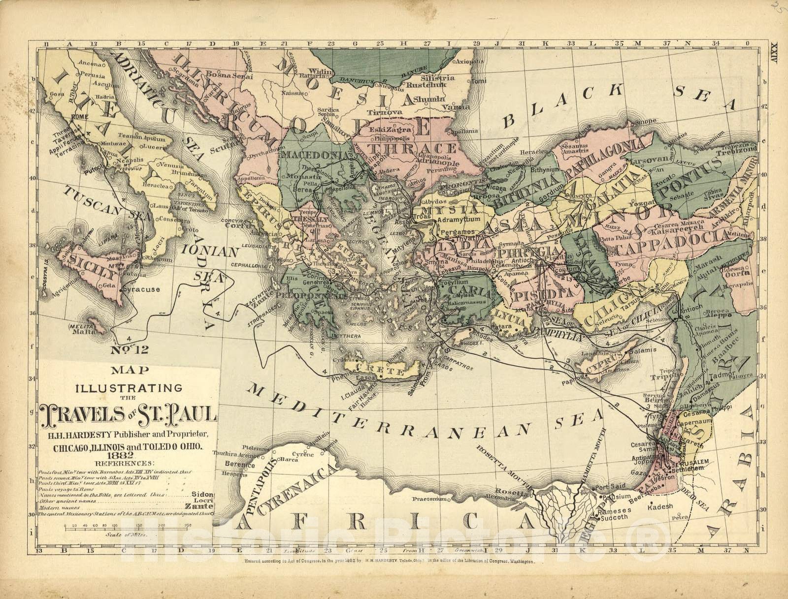 Historic 1882 Map - Historical Hand-Atlas, Illustrated - No. 12 Map Illustrating The Travels of St. Paul - Historical Hand Atlas, Illustrated, General & Local