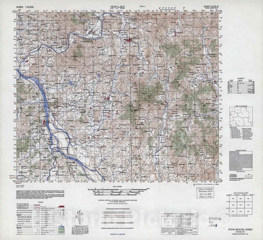 Historic 1945 Map - Korea 1:50,000 - Ip'o-ri, 1950 - Series L751